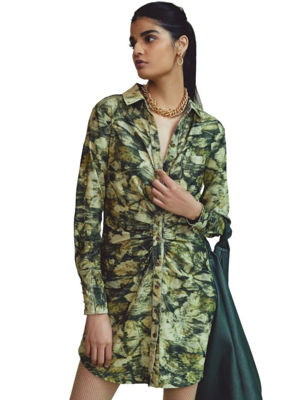 Pilcro Anthropologie Corduroy Camo Print Long Shirt Dress Women Size 14 Olive